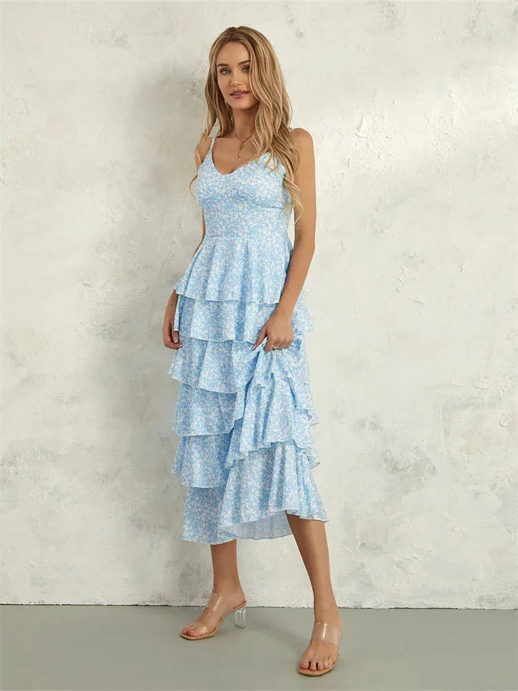 Women Floral Layered Ruffle Dress - 图片 4